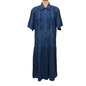Vintage Midi Dress Size 18 Blue Chambray Denim Ruffle Tiered